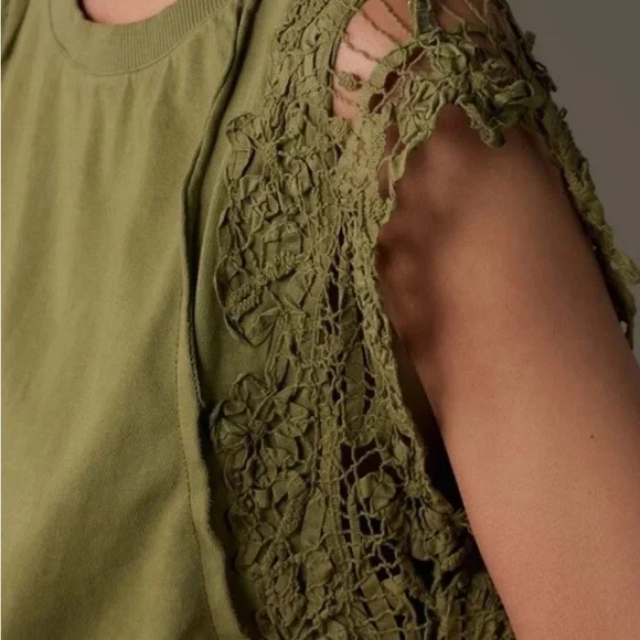 Anthropologie Lace Sleeve Ruffle Hem Crop Top Moss Green Medium - Picture 3 of 9